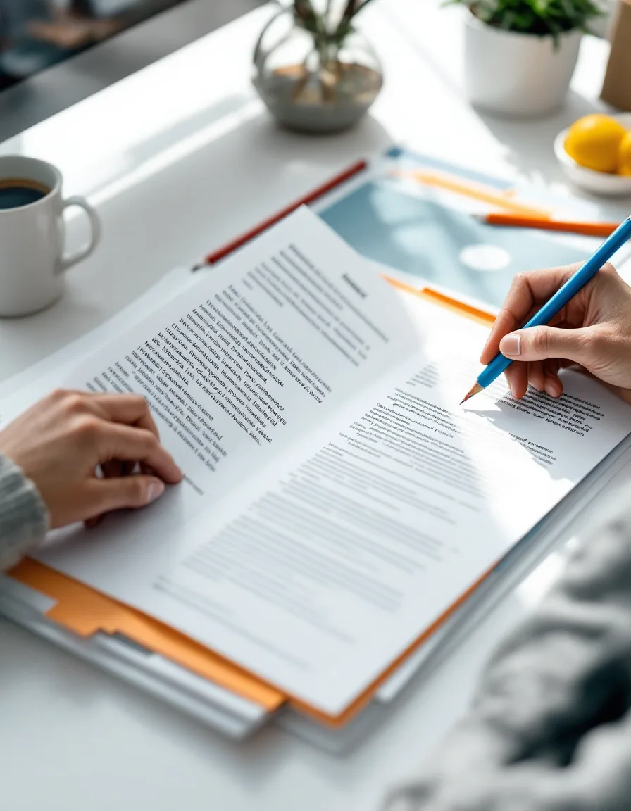 A reviewer’s hands marking a printed page of Spanish interface strings, the English source sheet turned face down beside it