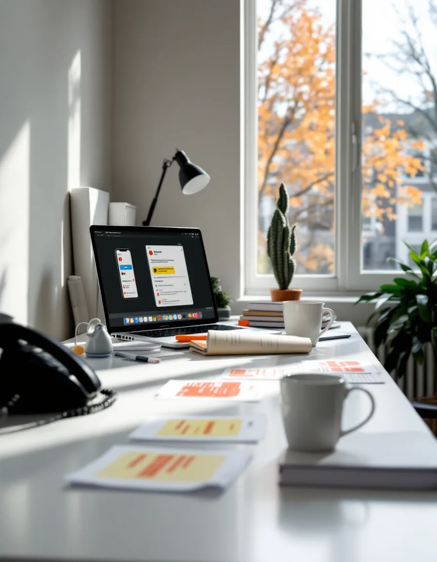 A small bright studio with a long white desk, printed app screenshots, a desk phone and two screens showing Japanese and Spanish interfaces